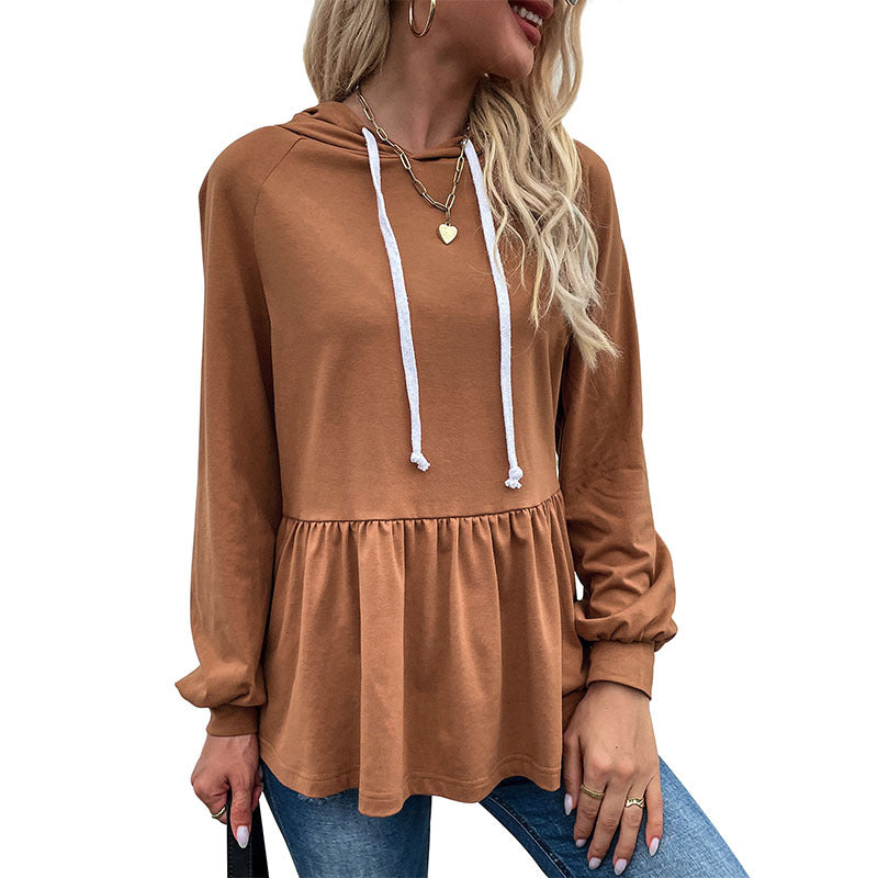 Solid Peplum Hoodie with Ruffle Hem and Drawstring