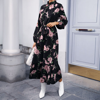 Floral Print A-Line Maxi Dress with Mock Neck and Flounce Hem