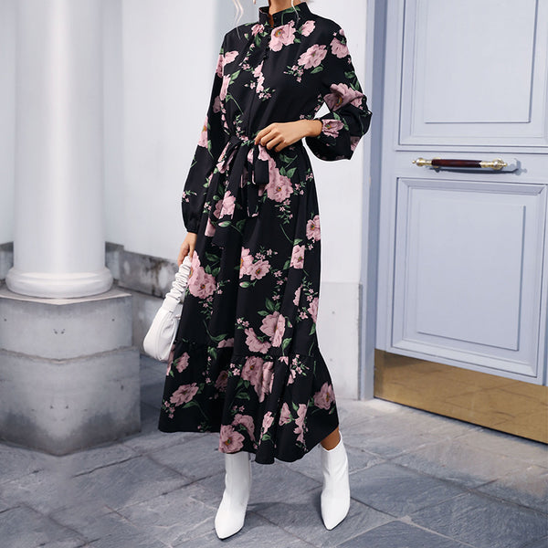 Floral Print A-Line Maxi Dress with Mock Neck and Flounce Hem