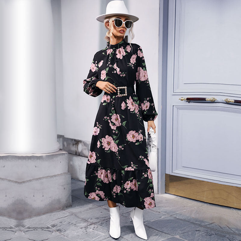 Floral Print A-Line Maxi Dress with Mock Neck and Flounce Hem