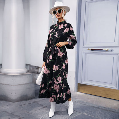 Floral Print A-Line Maxi Dress with Mock Neck and Flounce Hem