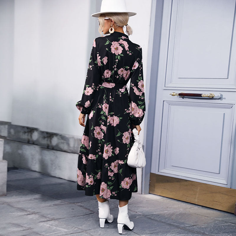 Floral Print A-Line Maxi Dress with Mock Neck and Flounce Hem