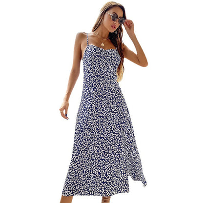 Floral A-Line Midi Dress with High Slit and Camisole Straps