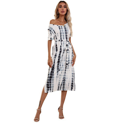 Tie-Dye Midi Dress with Side Slits and Belted Waist