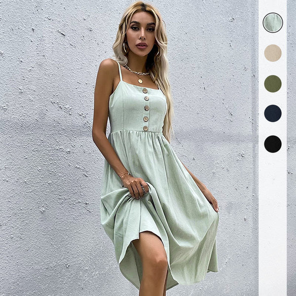 Solid A-Line Midi Dress with Spaghetti Straps and Button Front