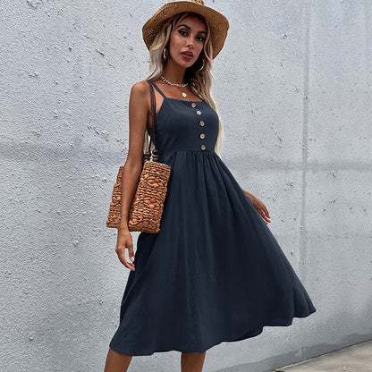 Solid A-Line Midi Dress with Spaghetti Straps and Button Front