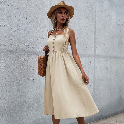 Solid A-Line Midi Dress with Spaghetti Straps and Button Front