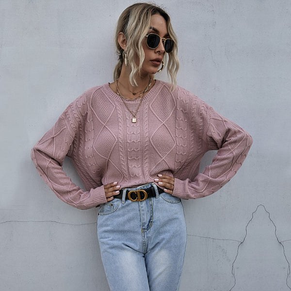 Loose Cable Knit Pullover with Crewneck and Long Sleeves