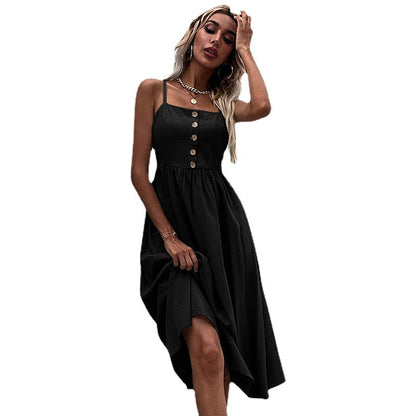 Solid A-Line Midi Dress with Spaghetti Straps and Button Front