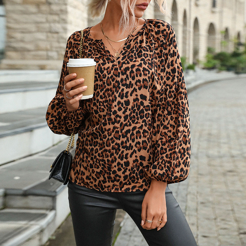 Leopard Print Pullover Blouse with V-Neck and Lantern Sleeves