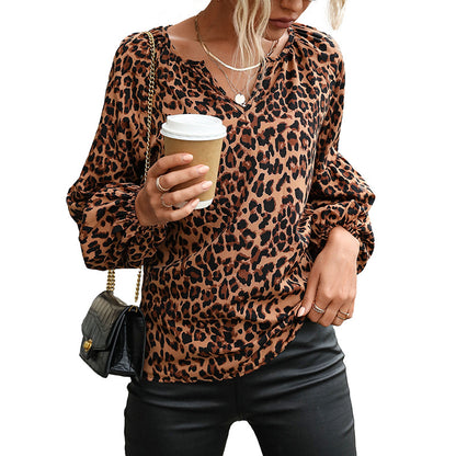 Leopard Print Pullover Blouse with V-Neck and Lantern Sleeves