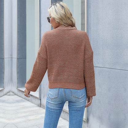 Solid Color Knit Sweater with Lapel Collar and Lantern Sleeves