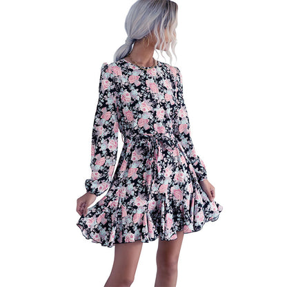 Floral Print Mini Dress with Tie-Waist and Ruffled Hem