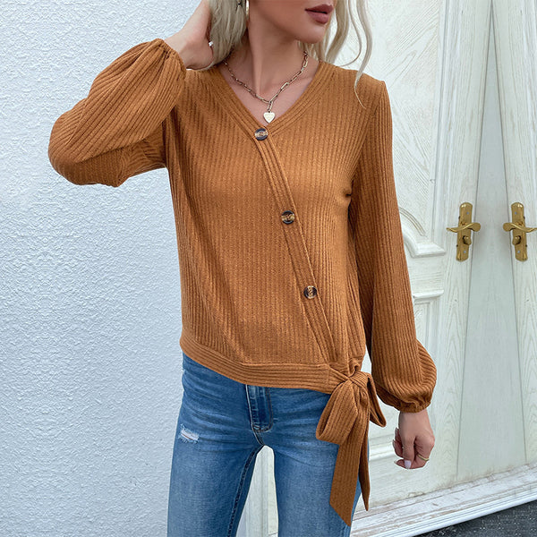 Ribbed Knit Wrap Top with Button Detail and Side Tie