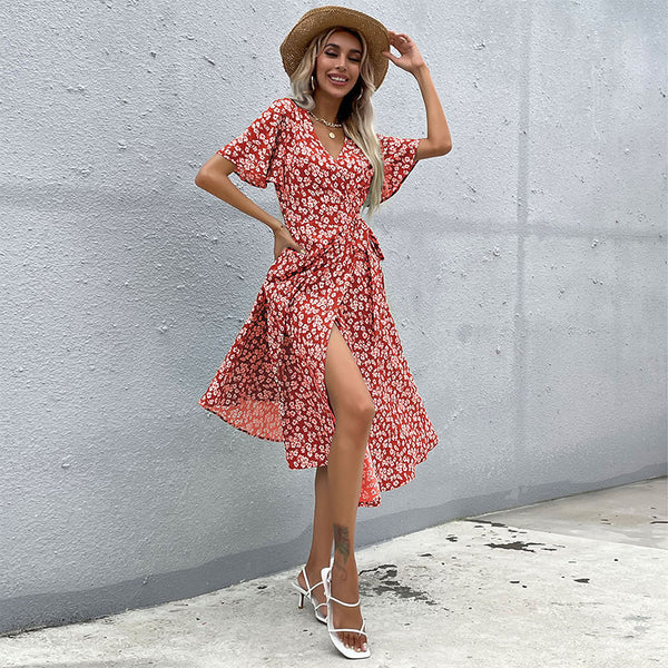 Floral Print Wrap Midi Dress with V-Neck and Flutter Sleeves