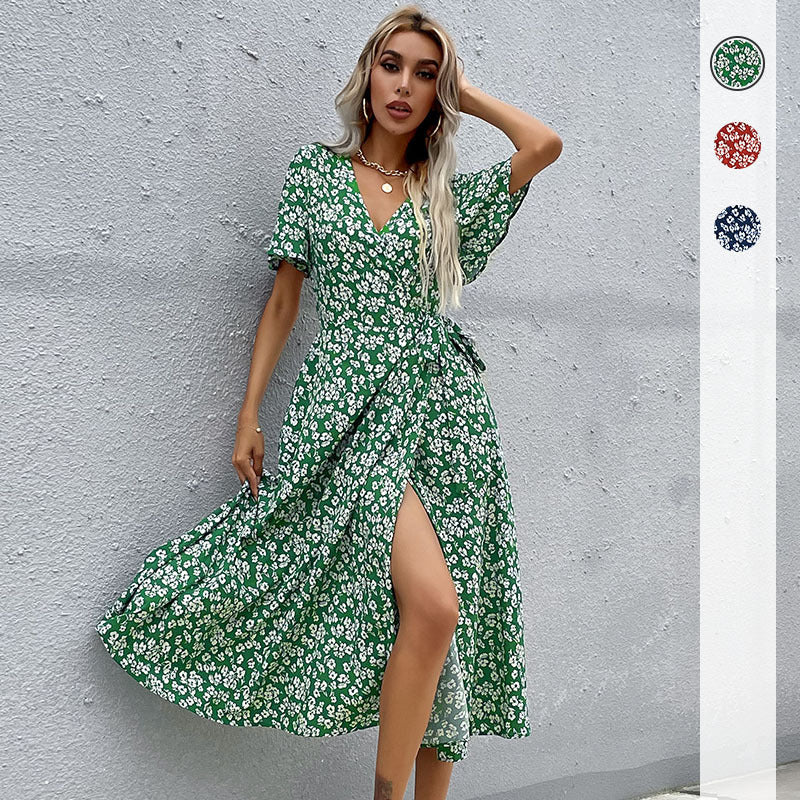 Floral Print Wrap Midi Dress with V-Neck and Flutter Sleeves