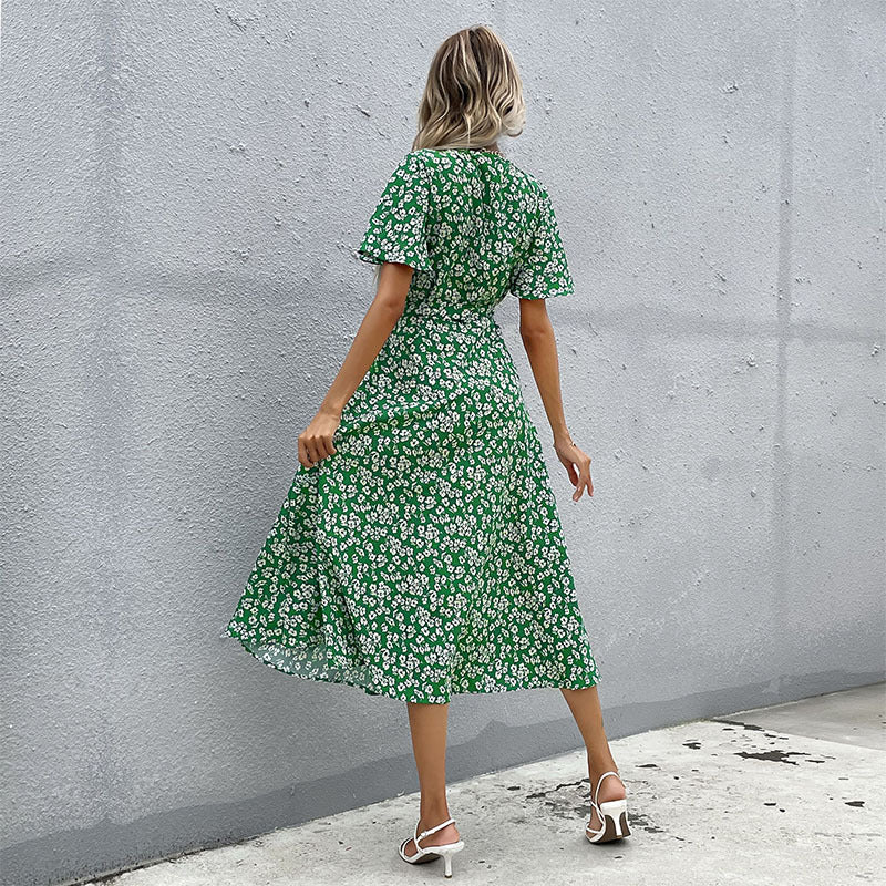 Floral Print Wrap Midi Dress with V-Neck and Flutter Sleeves