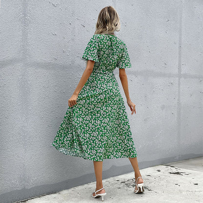 Floral Print Wrap Midi Dress with V-Neck and Flutter Sleeves