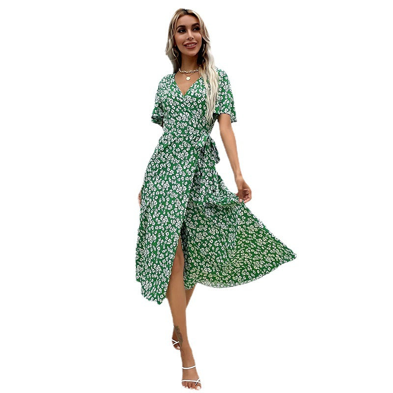 Floral Print Wrap Midi Dress with V-Neck and Flutter Sleeves