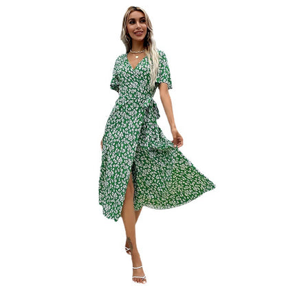 Floral Print Wrap Midi Dress with V-Neck and Flutter Sleeves