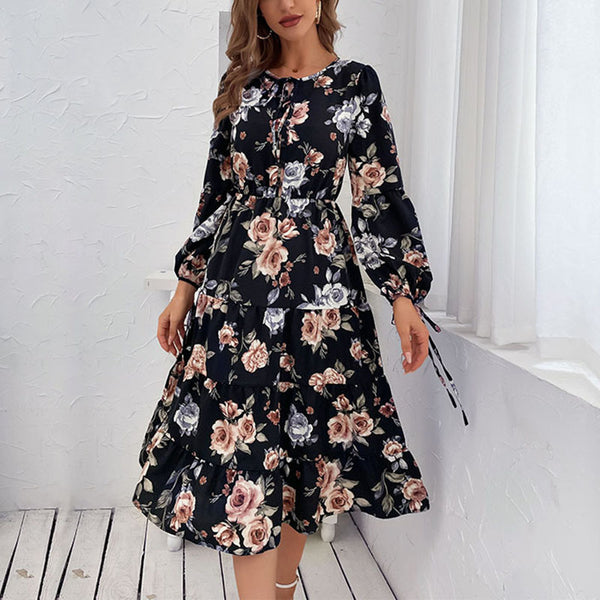 Floral A-Line Midi Dress with Tiered Skirt and Lantern Sleeves