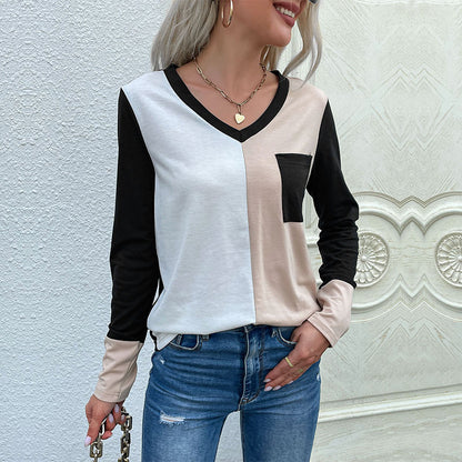 Color-Block Long-Sleeve T-Shirt with V-Neck and Pocket