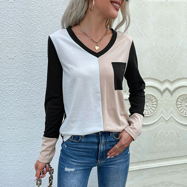 Color-Block Long-Sleeve T-Shirt with V-Neck and Pocket
