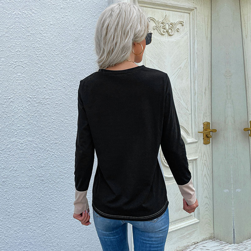 Color-Block Long-Sleeve T-Shirt with V-Neck and Pocket