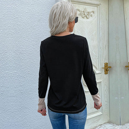 Color-Block Long-Sleeve T-Shirt with V-Neck and Pocket