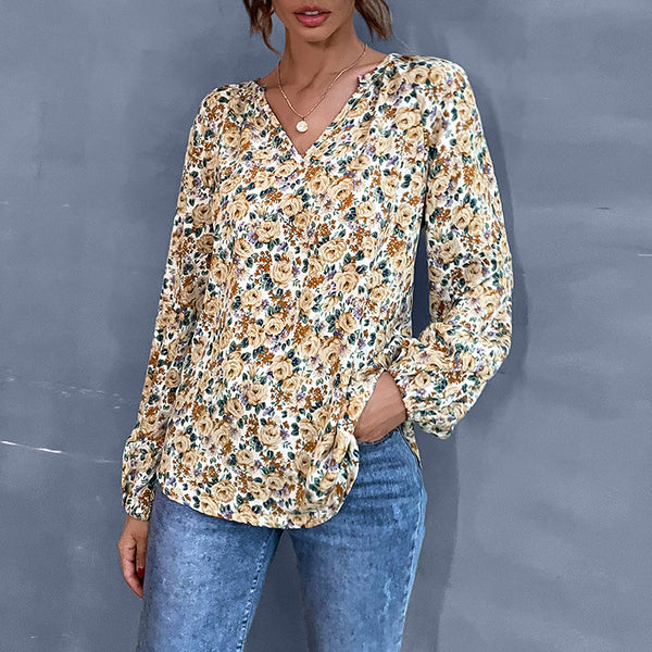 Loose Floral Blouse with V-Neck and Balloon Sleeves