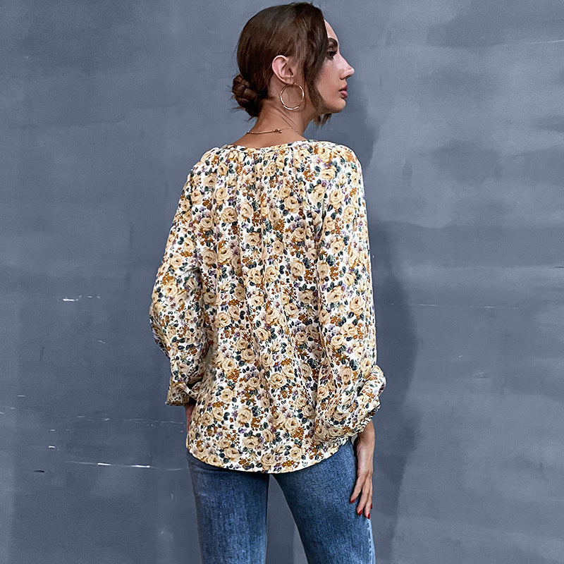 Loose Floral Blouse with V-Neck and Balloon Sleeves