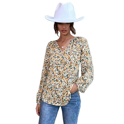 Loose Floral Blouse with V-Neck and Balloon Sleeves