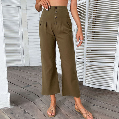 High-Waist Wide-Leg Cropped Pants with Button Front