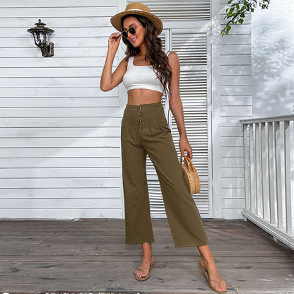 High-Waist Wide-Leg Cropped Pants with Button Front