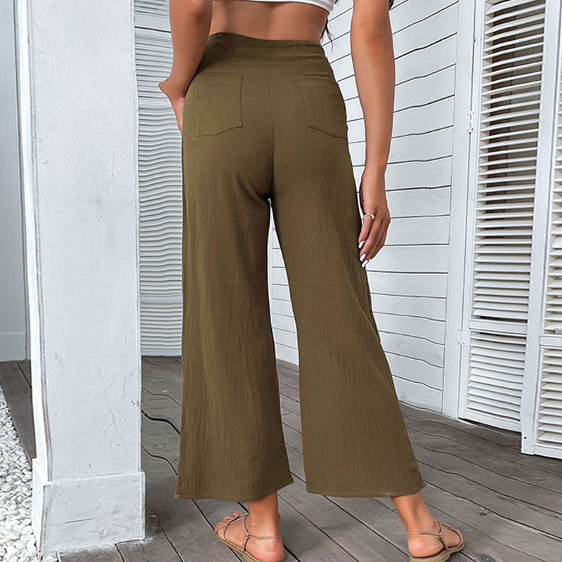 High-Waist Wide-Leg Cropped Pants with Button Front