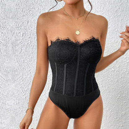 Lace Bustier Bodysuit with Boning and Strapless Neckline