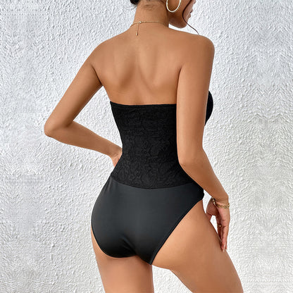 Lace Bustier Bodysuit with Boning and Strapless Neckline