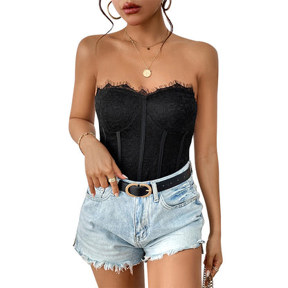 Lace Bustier Bodysuit with Boning and Strapless Neckline