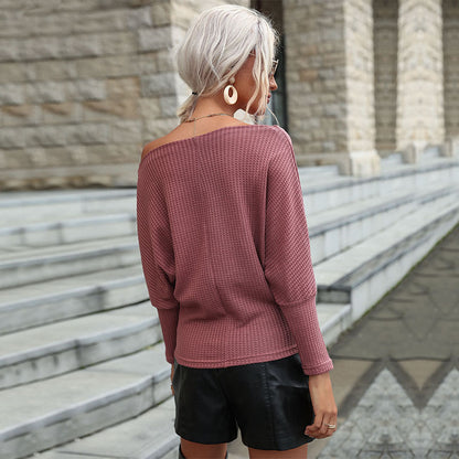 Solid Waffle Knit Top with Off-Shoulder Batwing Sleeves