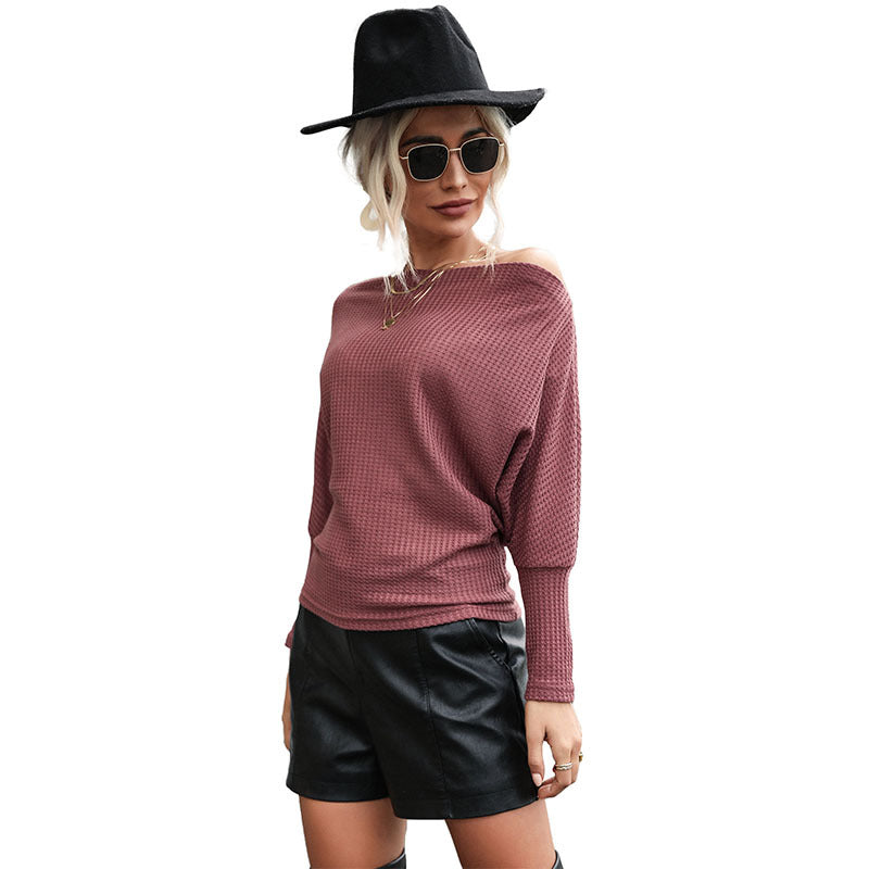 Solid Waffle Knit Top with Off-Shoulder Batwing Sleeves
