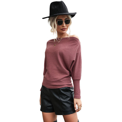 Solid Waffle Knit Top with Off-Shoulder Batwing Sleeves