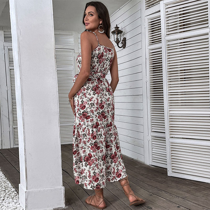 Floral A-Line Midi Dress with V-Neck and Tie-Waist