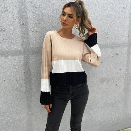 Color Block Sweater with Crewneck and Ribbed Knit
