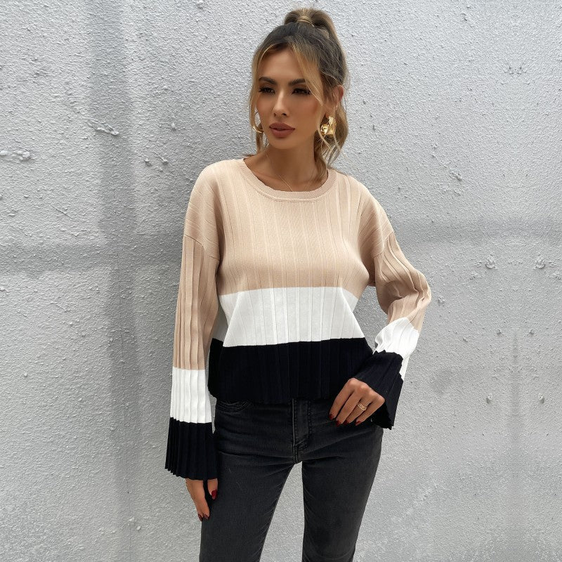 Color Block Sweater with Crewneck and Ribbed Knit