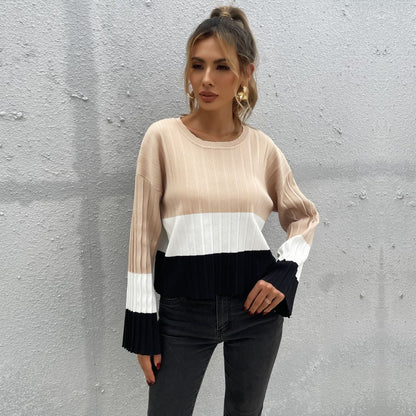 Color Block Sweater with Crewneck and Ribbed Knit