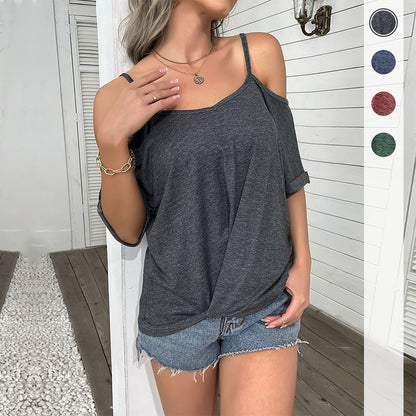 Loose Cold-Shoulder T-Shirt with Twist Hem and Spaghetti Straps