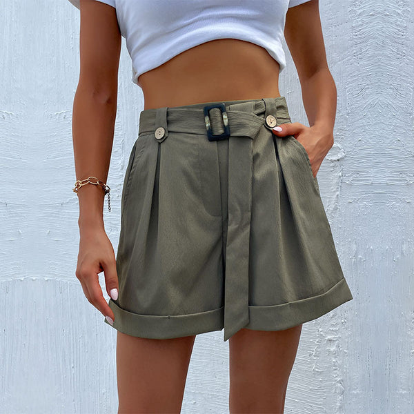 Mid-Waist Pleated Straight-Leg Shorts with Belt and Cuffed Hem