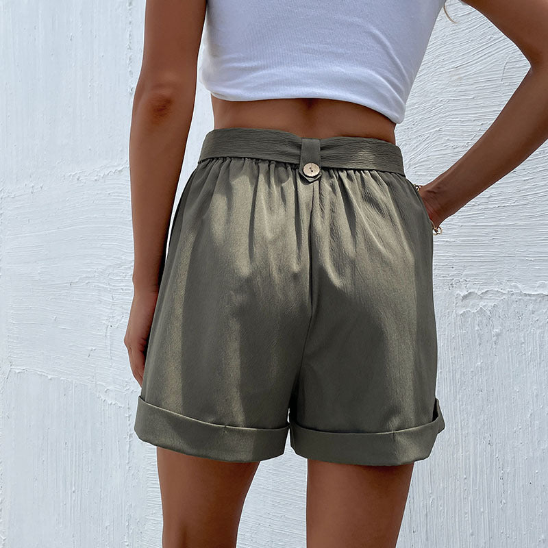 Mid-Waist Pleated Straight-Leg Shorts with Belt and Cuffed Hem