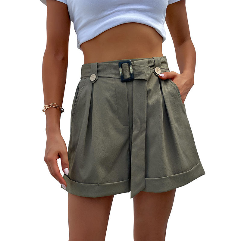 Mid-Waist Pleated Straight-Leg Shorts with Belt and Cuffed Hem