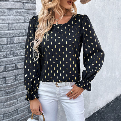 Bronzing Diamond Pattern Blouse with Ruffled Cuffs